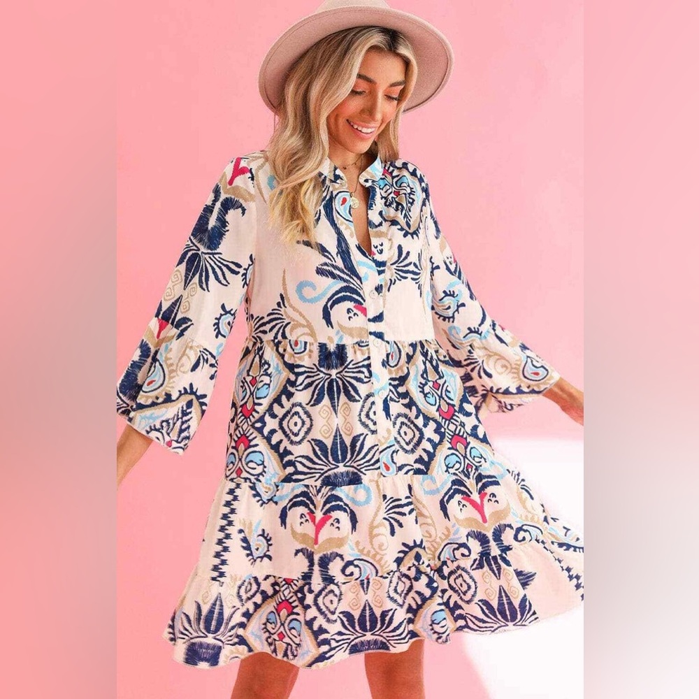 Bohemian Print Dress with Blue and Pink Accents